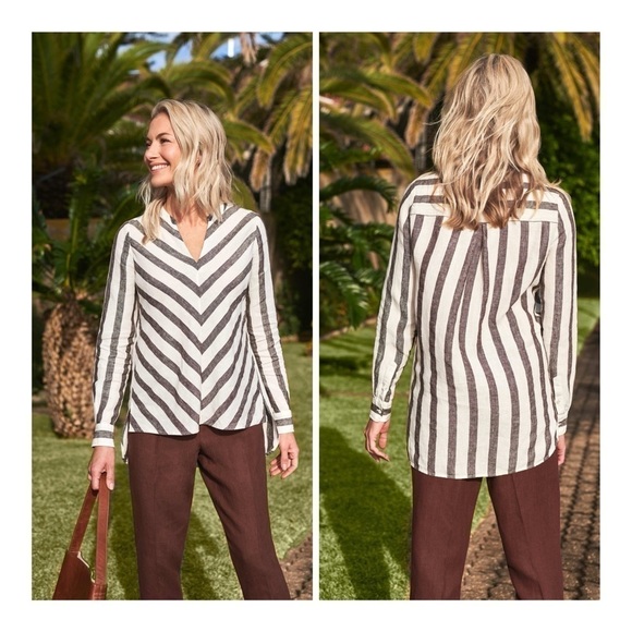 Pure Collection Chocolate White Linen V-Neck Long Sleeve Overshirt Size 12 - Picture 1 of 11